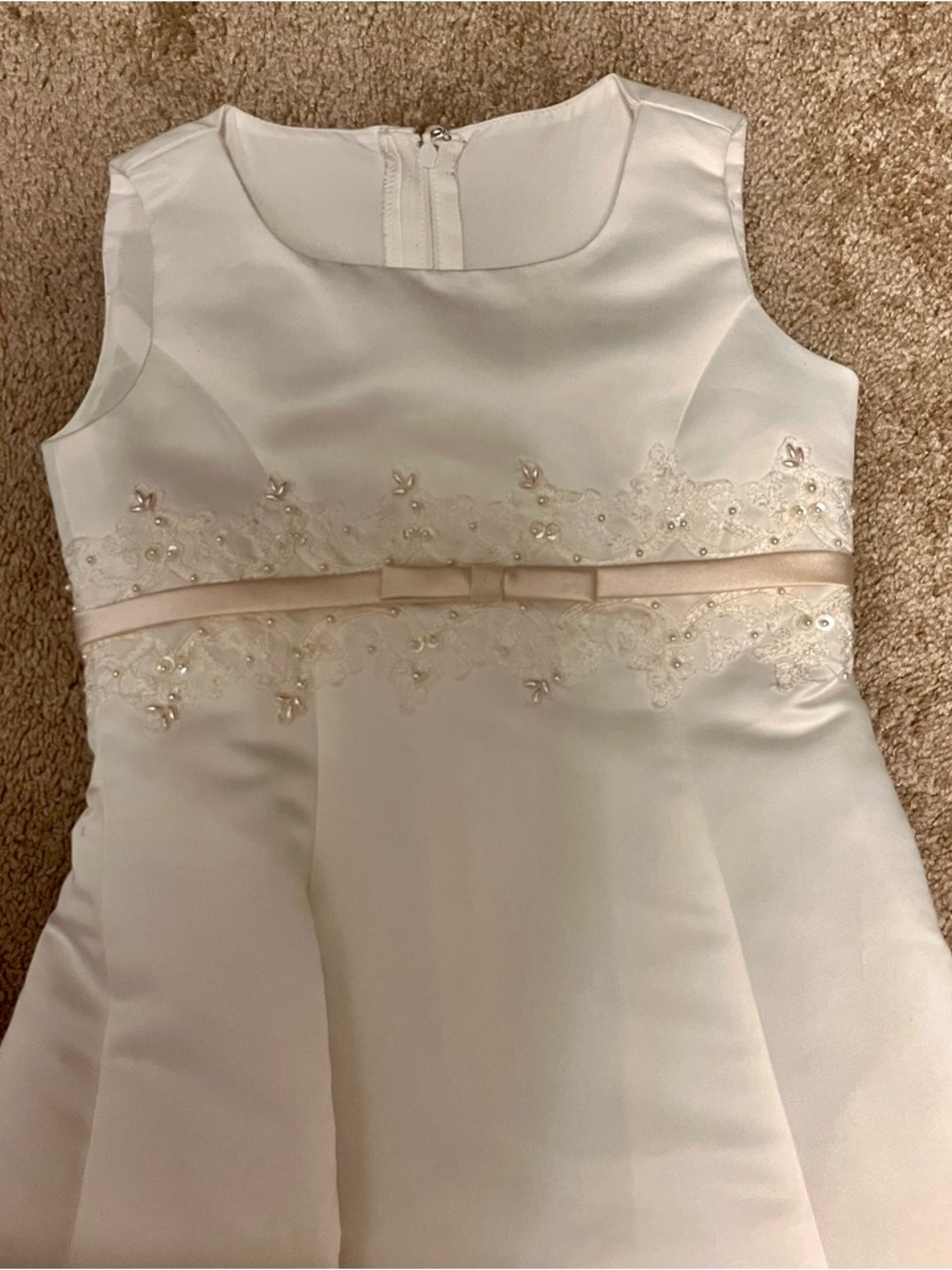 David's Bridal Ivory Satin Girls Formal Dress with Floral Waistband and Bow - Picture 2 of 8
